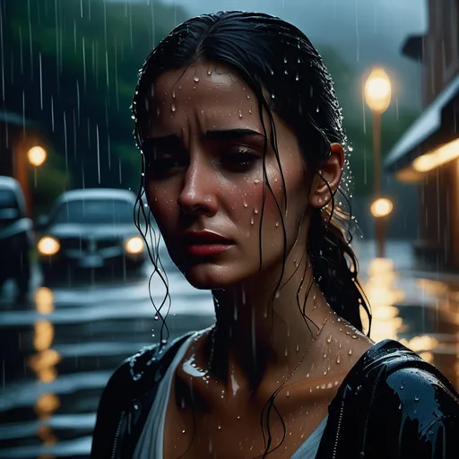 Prompt: Photorealistic depiction of a sorrowful, beautiful woman standing in the rain, tears mixing with raindrops, drenched in water, displaying intense emotional distress, captured in a long-shot with full body visible, high definition, photorealism, emotional expression, rain-soaked, tearful eyes, wet hair, atmospheric lighting