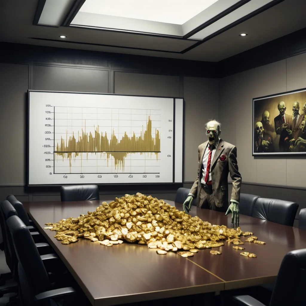 Prompt: boardroom with zombie, a graph on the wall show upwards trend, there is a pile of gold on the table