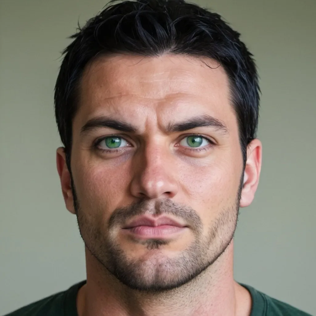 Prompt: An imposing, handsome, tough man, 30 years old, with black hair and green eyes.