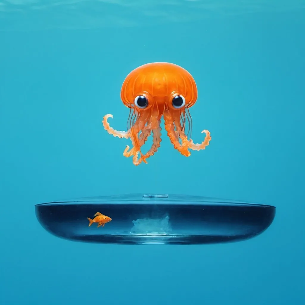 Prompt: Stinger Flynn the orange jellyfish with one eye go to the fish store in summer