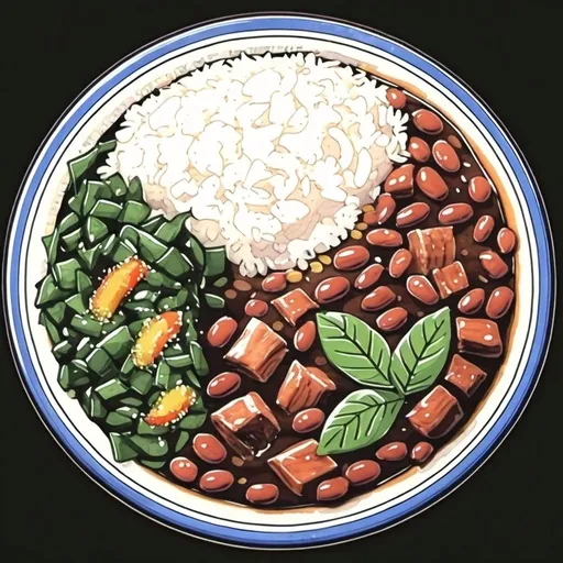 Prompt: Please paint in watercolour style a caricature of a Brazilian style feijoada meal for one person consisting of beef, beans, greens, farofa and rice Rice on the bottom layer, rice topped with vegetables, all served on a platter, with an overhead view.