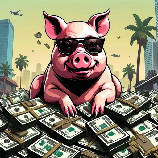 Prompt: GTA V cover art, ROASTED PIG on a pile of money, Sunglass, CARTOON