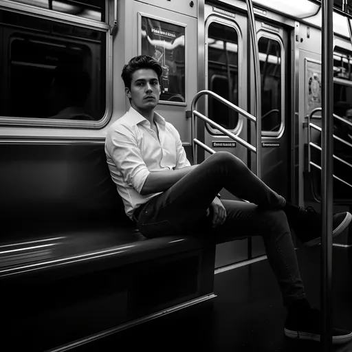 Prompt: In a moody subway car, a young man sits contemplatively on a darkened bench, his posture relaxed yet introspective, exuding a sense of solitude amidst the urban landscape. Dressed in a fitted white shirt and slim jeans, his tousled hair and focused expression are accentuated by the stark black-and-white tones, giving the scene a cinematic quality. The metallic interior of the subway gleams subtly in the background, with faint reflections and shadows hinting at other passengers, one blurred figure evident in the distance. The composition draws the eye to the subject's contemplative demeanor, evoking a narrative of urban isolation and moments of quiet reflection in the hustle of city life. The play of light and shadow enhances the emotional depth, leaving an impression of both loneliness and beauty in this everyday setting.