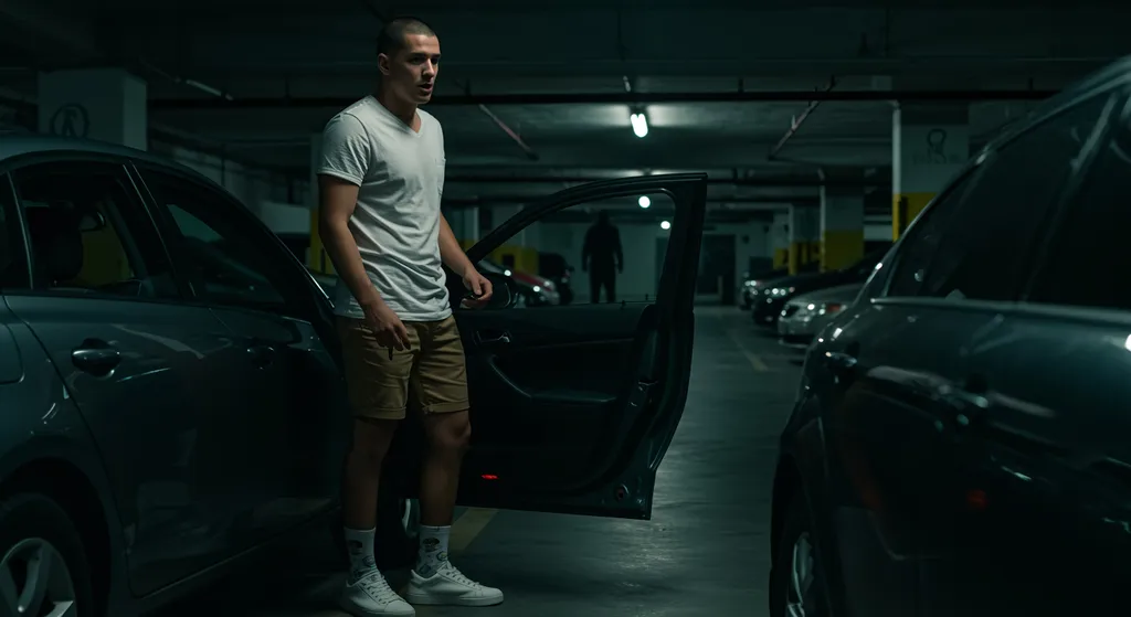 Prompt: A cinematic scene set in an underground parking garage under cold, artificial overhead lighting. A young white male with a shaved head and olive-toned skin stands next to his parked car, his posture tense and alert. He wears a fitted white V-neck T-shirt and light brown shorts that accentuate his athletic build and toned legs. His white sneakers and quirky socks with playful designs add a subtle contrast to the ominous setting. He holds his car key at the door lock but pauses, frozen mid-action, with a visible expression of fear and uncertainty on his face. The background is dimly lit, filled with parked cars and deep shadows. In the far corner of the garage, a barely visible dark humanoid figure stands motionless, obscured by shadows—only its silhouette is discernible. The scene is framed with low-key lighting, dramatic contrast, and a gritty, realistic film look, evoking unease and suspense, as though something is terribly wrong. Shot with a shallow depth of field, Fuji film tones, and moody cinematic lighting.