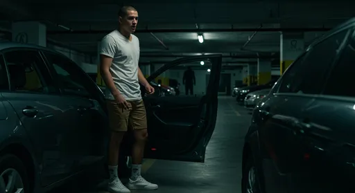 Prompt: A cinematic scene set in an underground parking garage under cold, artificial overhead lighting. A young white male with a shaved head and olive-toned skin stands next to his parked car, his posture tense and alert. He wears a fitted white V-neck T-shirt and light brown shorts that accentuate his athletic build and toned legs. His white sneakers and quirky socks with playful designs add a subtle contrast to the ominous setting. He holds his car key at the door lock but pauses, frozen mid-action, with a visible expression of fear and uncertainty on his face. The background is dimly lit, filled with parked cars and deep shadows. In the far corner of the garage, a barely visible dark humanoid figure stands motionless, obscured by shadows—only its silhouette is discernible. The scene is framed with low-key lighting, dramatic contrast, and a gritty, realistic film look, evoking unease and suspense, as though something is terribly wrong. Shot with a shallow depth of field, Fuji film tones, and moody cinematic lighting.
