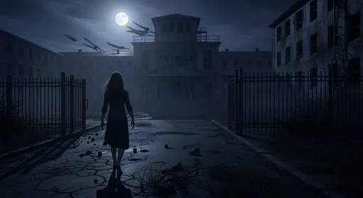 Prompt: The Abandoned Asylum: You approach the abandoned asylum at nightfall, the dilapidated sanatorium looms before you like a macabre monolith silhouetted against a blood moon sky. The wind whistles an unearthly tune through the rusted bars and broken windows as you edge closer, your bare, pallid feet crunching across the cracked asphalt. You're alone... or so it seems.