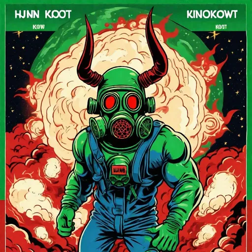 Prompt: red eyed gas mask muscle man with devil horns entering earth's atmosphere, green and looking blue earth, fire, stars, with a title that says "HunGk kNOKOWt Demo" in a cool font