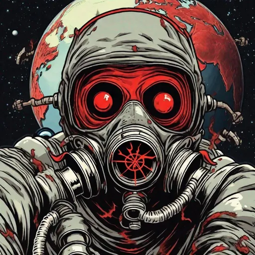 Prompt: red eyed gas mask muscle man with devil horns entering earths orbit