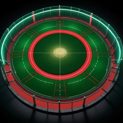 Prompt: Gaming ring from ground level view. Boundary with net walls. with cricket pitch in centre, red and green lit zones on periphery. 