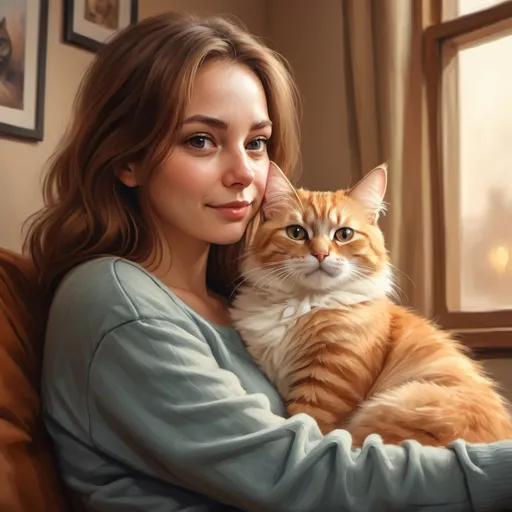 Prompt: Digital painting of a cute cat sitting on its owner's lap, warm and cozy atmosphere, realistic fur texture, focused facial expression, soft natural lighting, high definition, digital painting, warm tones, cozy, detailed fur, realistic, close bond, comforting, heartwarming