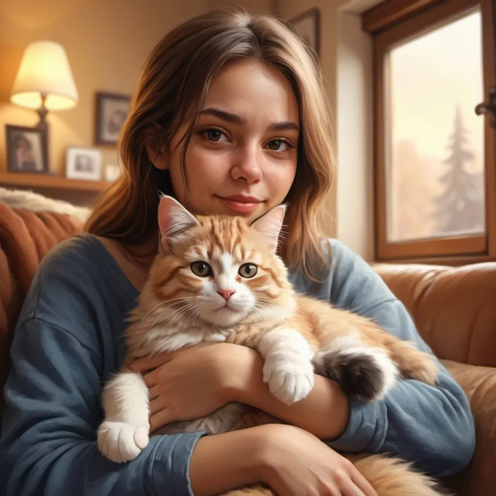 Prompt: Digital painting of a cute cat sitting on its owner's lap, warm and cozy atmosphere, realistic fur texture, focused facial expression, soft natural lighting, high definition, digital painting, warm tones, cozy, detailed fur, realistic, close bond, comforting, heartwarming