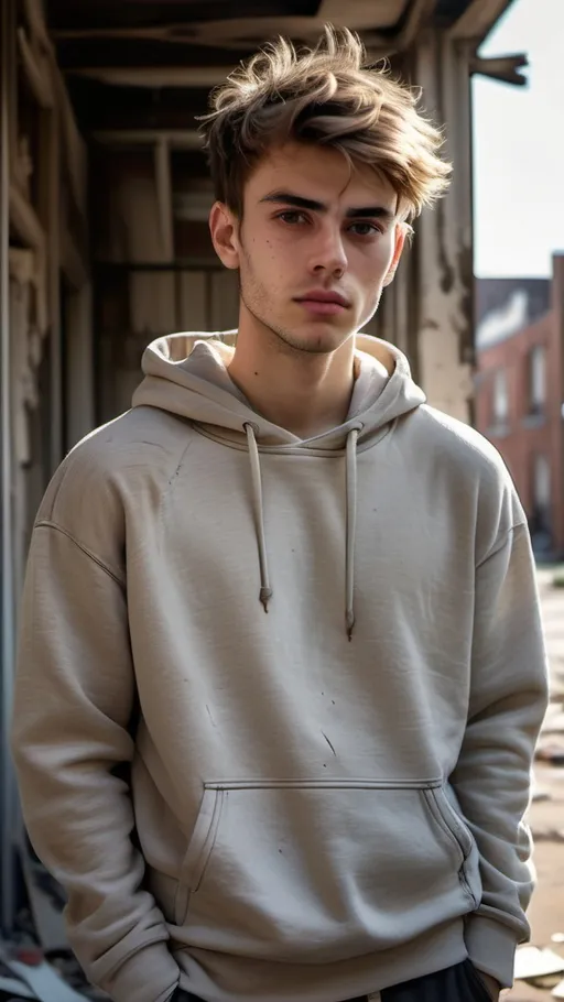 Prompt: A young, handsome man with short messy hair and a sharp jawline, wearing a faded hoodie and old sneakers, standing outside a run-down building, soft serious expression, natural sunlight.