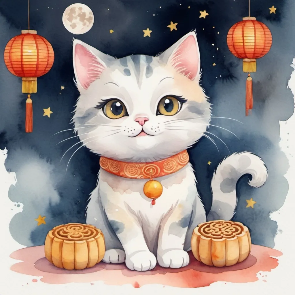 Prompt: A cute, playful cat enjoying the Mid-Autumn Festival, with elements like mooncakes, lanterns, and the moon. The watercolor effect will give it a soft, dreamy look, while the cartoon style will keep it fun and whimsical.

Design Elements
Cat Character:

Appearance: A cute, fluffy cat with big, expressive eyes and a playful expression. The cat could be in various poses, such as sitting, standing, or playing.
Color: Soft, pastel colors with watercolor textures. For example, light gray or beige fur with gentle shading.