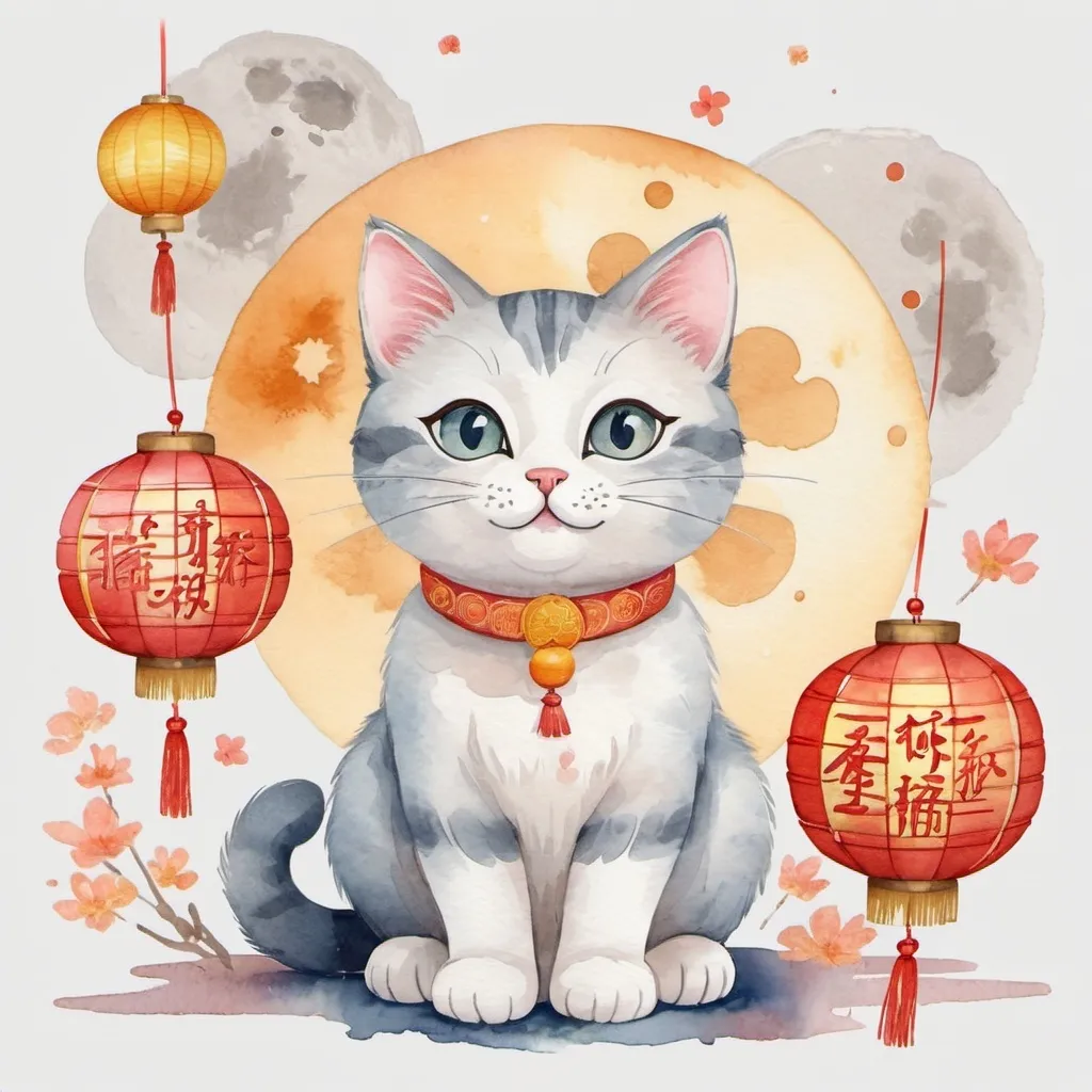 Prompt: A cute, playful cat enjoying the Mid-Autumn Festival, with elements like mooncakes, lanterns, and the moon. The watercolor effect will give it a soft, dreamy look, while the cartoon style will keep it fun and whimsical.

Design Elements
Cat Character:

Appearance: A cute, fluffy cat with big, expressive eyes and a playful expression. The cat could be in various poses, such as sitting, standing, or playing.
Color: Soft, pastel colors with watercolor textures. For example, light gray or beige fur with gentle shading.