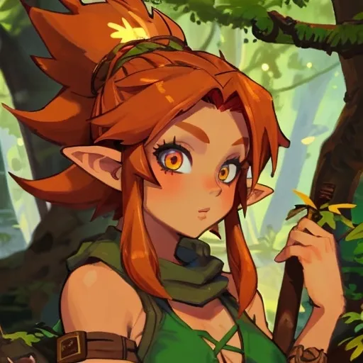 Prompt: Tan skinned female forest gnome barbarian with auburn hair and gold eyes.