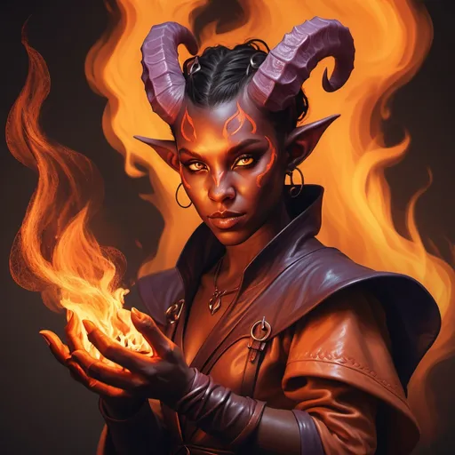 Prompt: hyper-realistic Tiefling character with fire hands, fantasy character art, illustration, dnd, warm tone