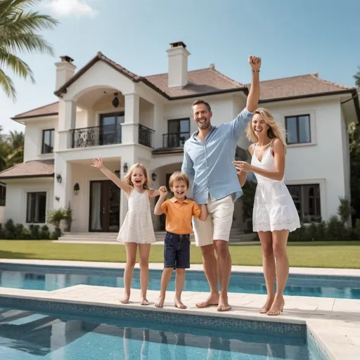 Prompt: create an image of a family celebrating picking up the keys to their dream luxury home in front of their swimming pool.