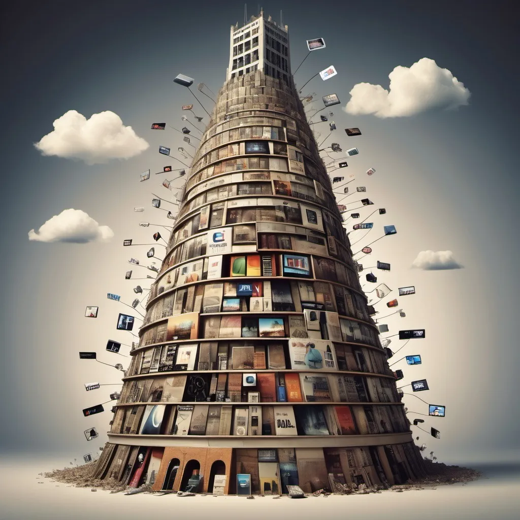 Prompt: In the style of the tower of babel replace the people with the logos of TV, cable and print media.