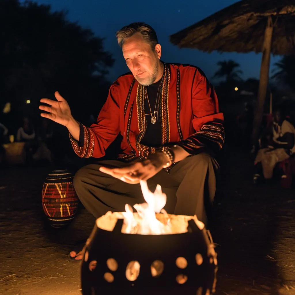 Prompt: <mymodel>in a traditional African costume sitting outside at night in front of a fire, dancing and singing while beating a traditional African drum