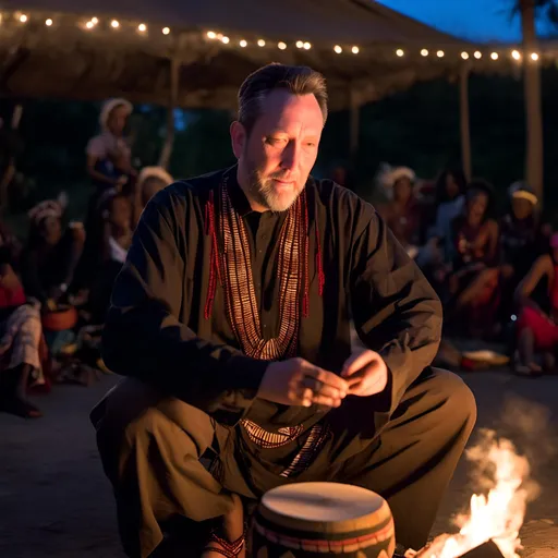 Prompt: <mymodel>in a traditional African costume sitting outside at night in front of a fire, dancing and singing while beating a traditional African drum