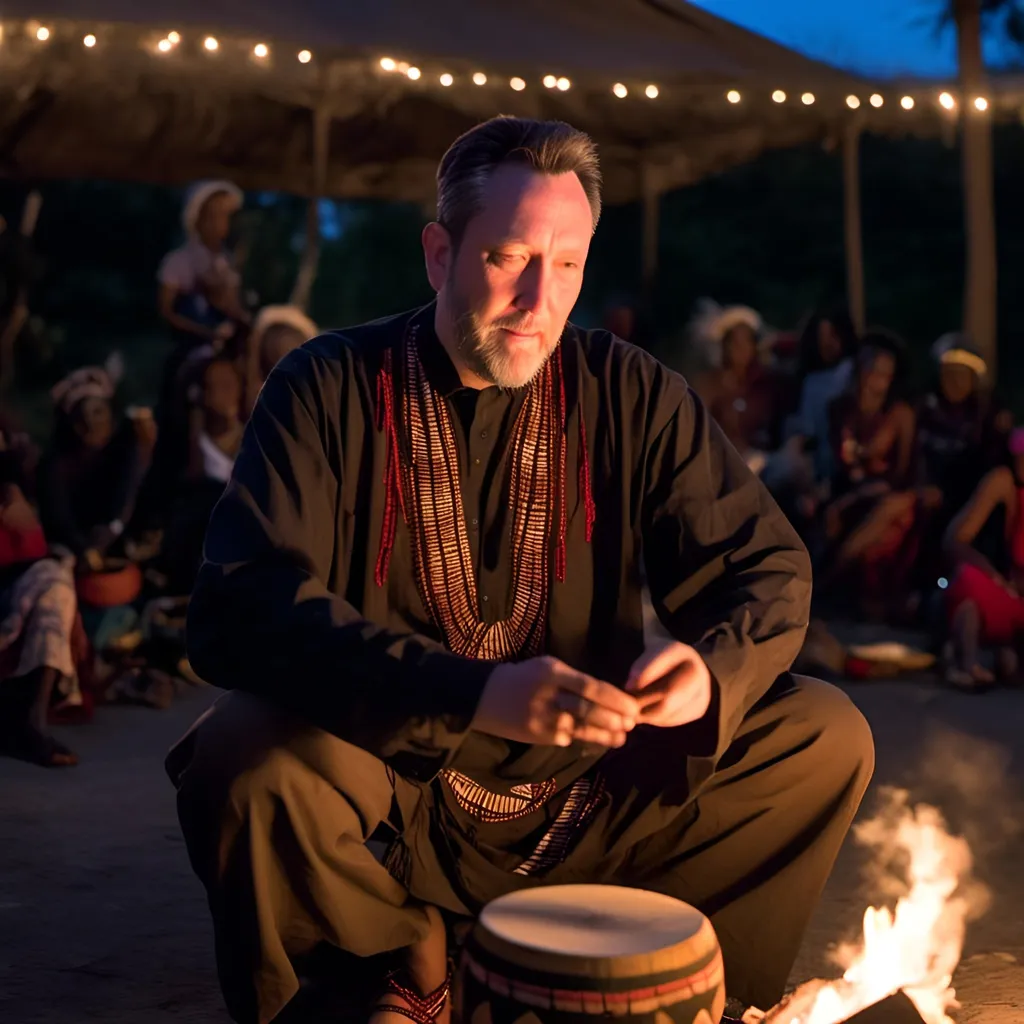 Prompt: <mymodel>in a traditional African costume sitting outside at night in front of a fire, dancing and singing while beating a traditional African drum