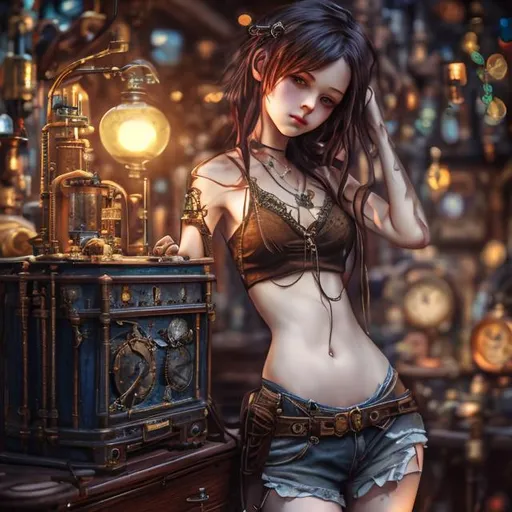 Prompt: photo realistic, masterpiece, uhd, Steampunk style, wet bar, (blue headed girl) , small chest, thin waist, Long legs, Nice navel, diffused soft light, Bokeh