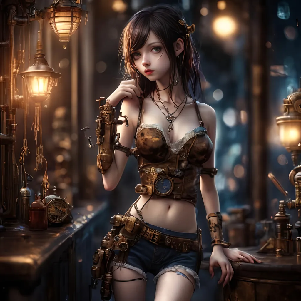 Prompt: photo realistic, masterpiece, uhd, Steampunk style, wet bar, (blue headed girl) , small chest, thin waist, Long legs, Nice navel, diffused soft light, Bokeh