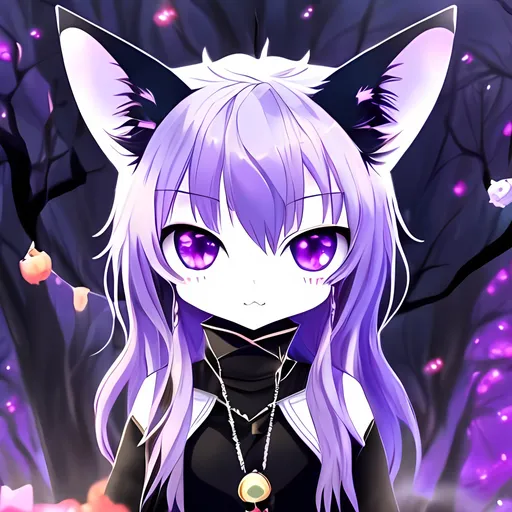 Prompt: Anime Art Black cat with purple eyes and blue neckless and halloween decorations around