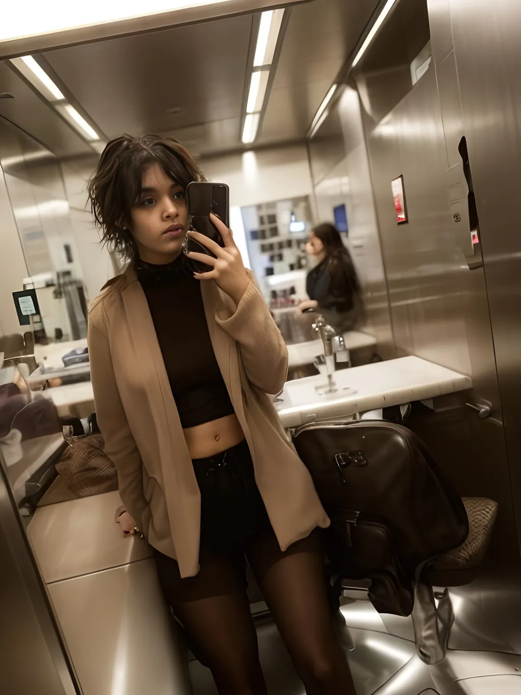 Prompt: girl with brown emo messy hairstye in the lift