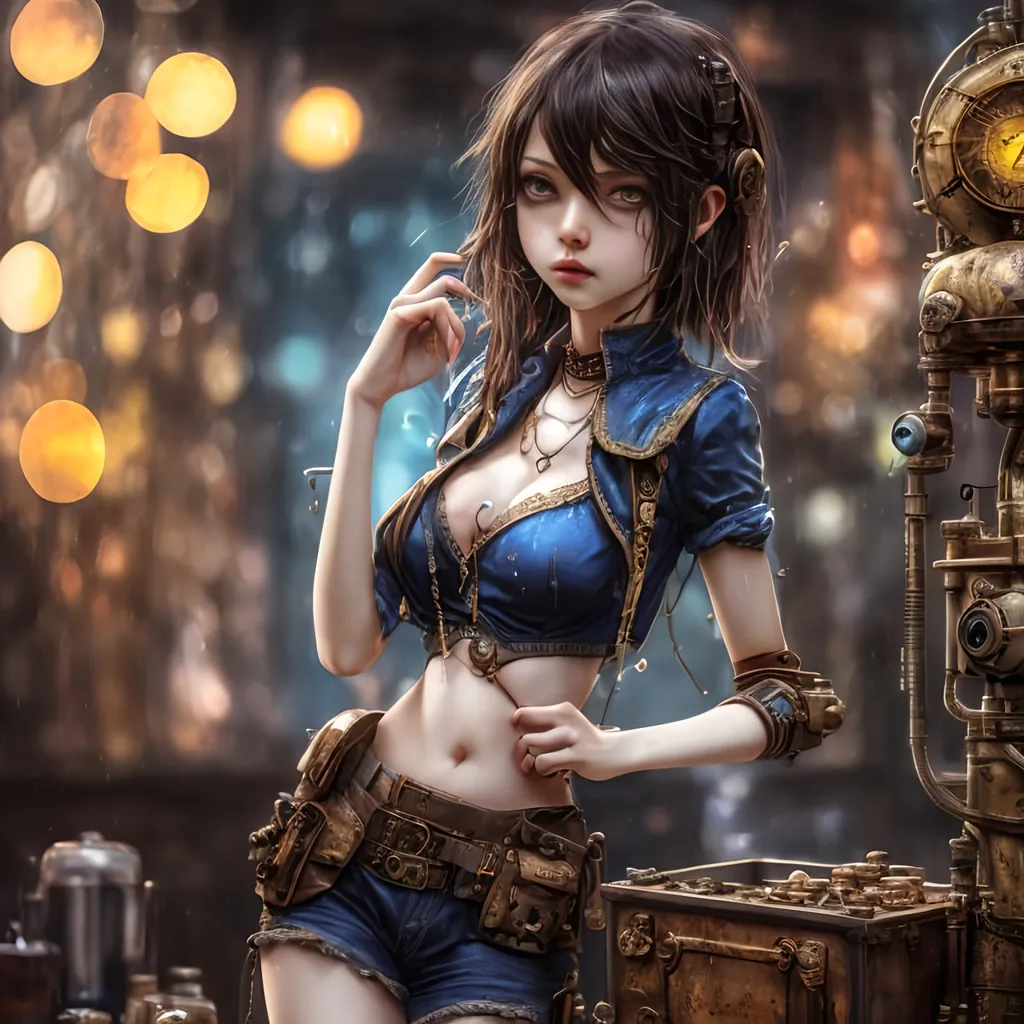 Prompt: photo realistic, masterpiece, uhd, Steampunk style, wet bar, (blue headed girl) , small chest, thin waist, Long legs, Nice navel, diffused soft light, Bokeh