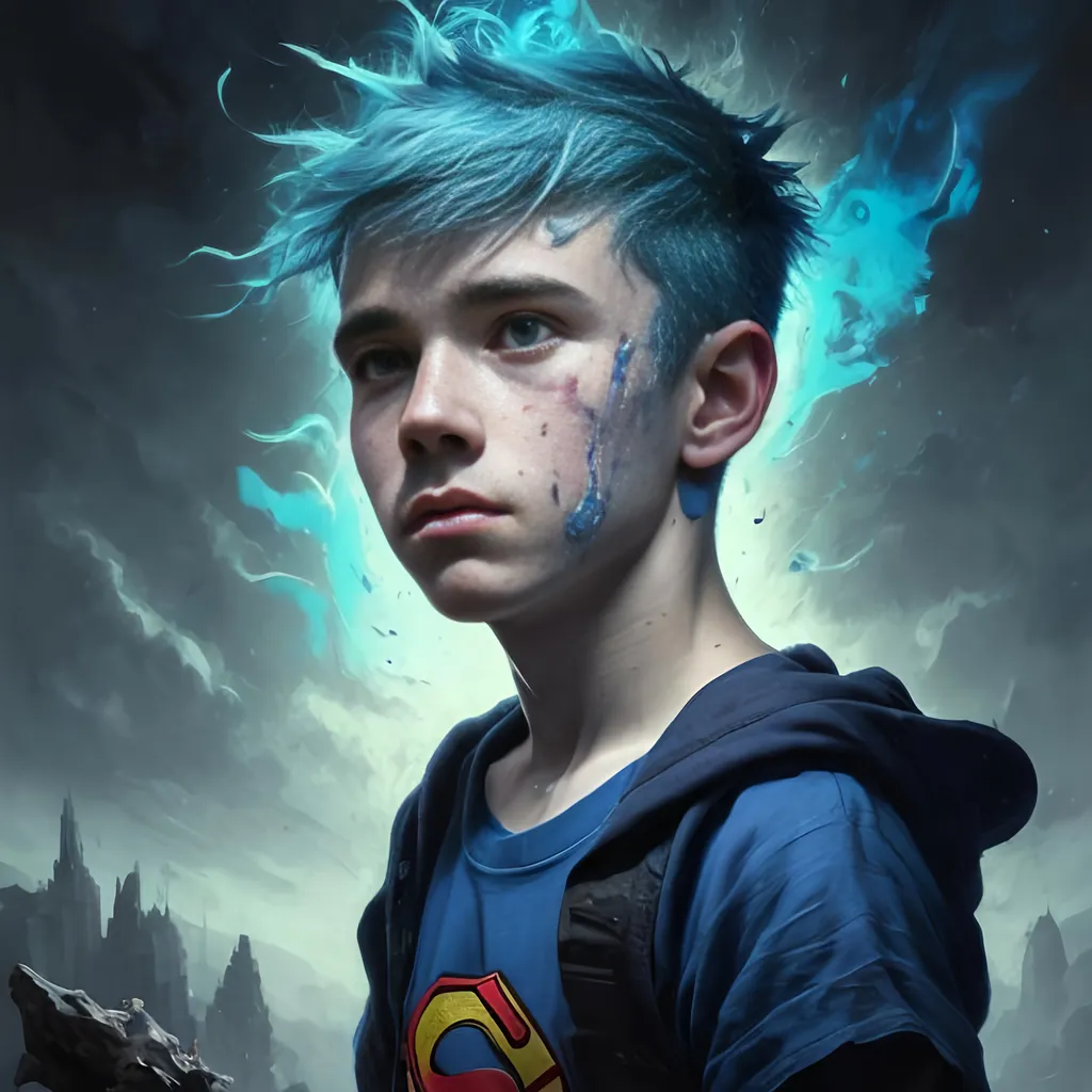 Prompt: Portrait of {young boy 26 years old} with {blue} hair and with cute face, {dark background}, perfect composition, hyperrealistic, super detailed, 8k, high quality, trending art, trending on artstation, sharp focus, studio photo, intricate details, highly detailed, by greg rutkowski
