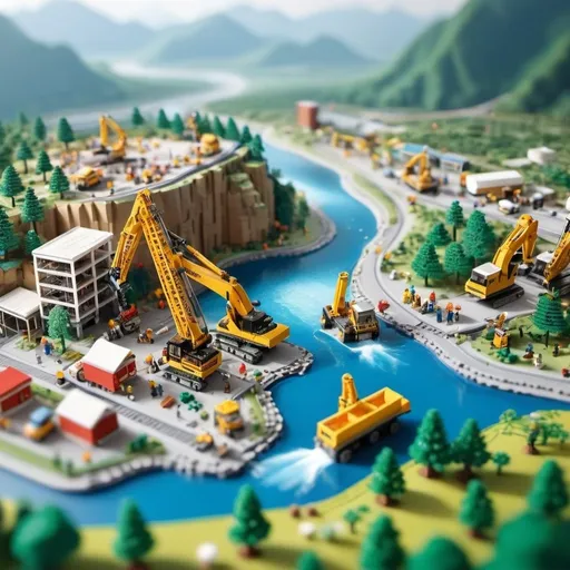 Prompt: aerial view, tilt-shift, isometric miniature world, detailed landscape world render with amazon river, mountains with forest. Create a 3D modeled image in the style of Lego. The scene should depict a large construction site with engineers wearing white and yellow helmets actively working. Use a wide shot with an isometric perspective. The background should be a sky blue color, giving the scene a bright and cheerful atmosphere.