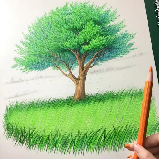 Prompt: A grass land with one tree in colour pencil ooystyle