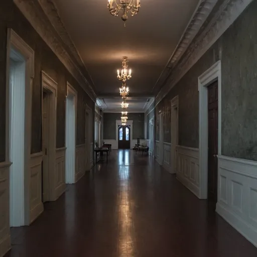 Prompt: the hallways of the giant mansion with a slight but not obvious spooky aesthetic
