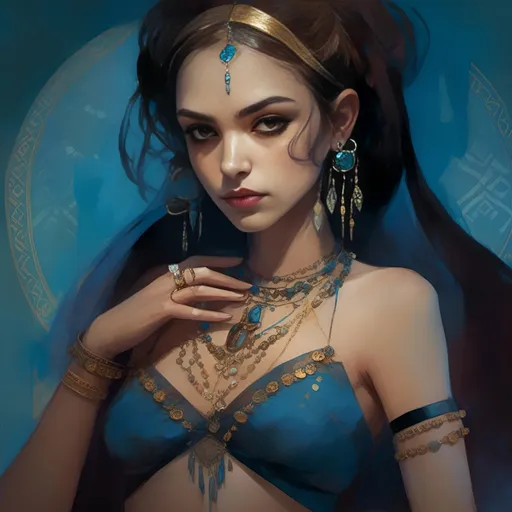 Prompt: <mymodel>High-resolution, detailed female vampire belly dancer, high brown ponytail, golden eyes, blue clothing, tan skin, professional, atmospheric lighting, high-quality, detailed eyes, sleek design, fantasy, elegant, belly dancer outfit, vampire, cool tones, mystical, professional artstyle, intricate patterns, intricate jewelry
