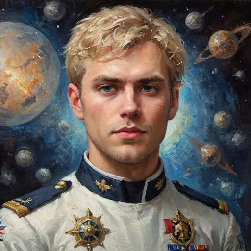 Prompt: He is a 34-year-old blond-haired young man with a cunning and scheming appearance. His head is full of conspiracies. He has a noble background and aristocratic appearance. He has high goals and ambitions. He is a naval officer by profession. sci fi space opera theme