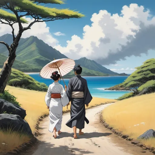 Prompt: An anime style painting of a Japanese couple walking in a New Caledonian Landscape. The woman is wearing a white kimono and holding a  white parasol. The man is wearing dark gray traditional Japanese clothes
