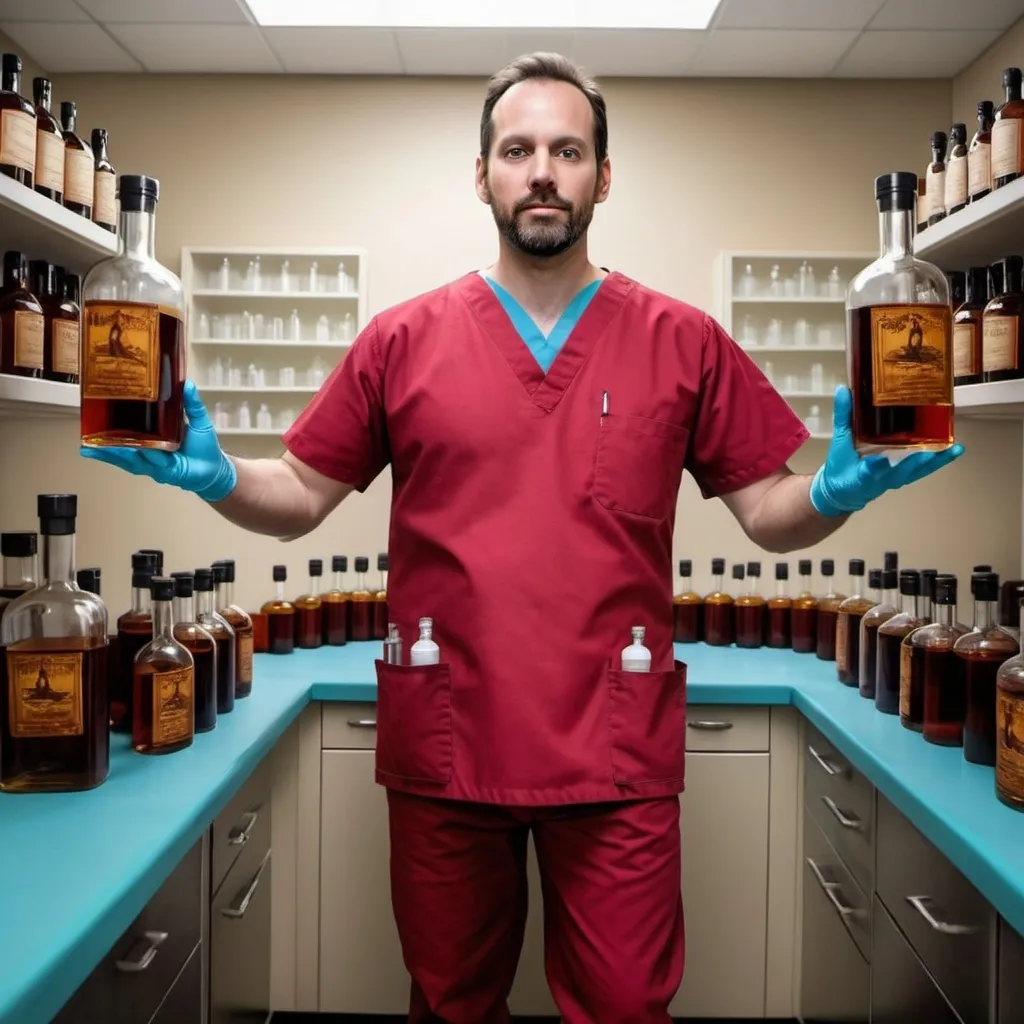 Prompt: Epic clinical technologist with red scrubs, with multiples bottles of rum floating. God of rum