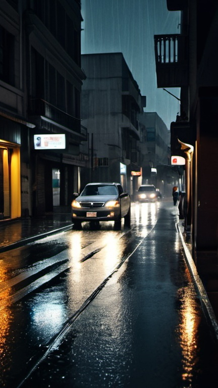 Prompt: Streets at night with rain