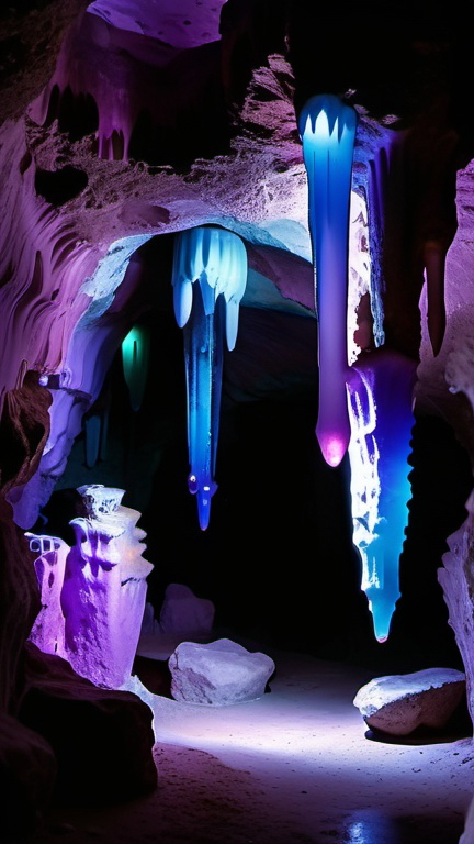 Prompt: Gloomy cave interior with blue and purple colored stalactites at night with soft lighting 