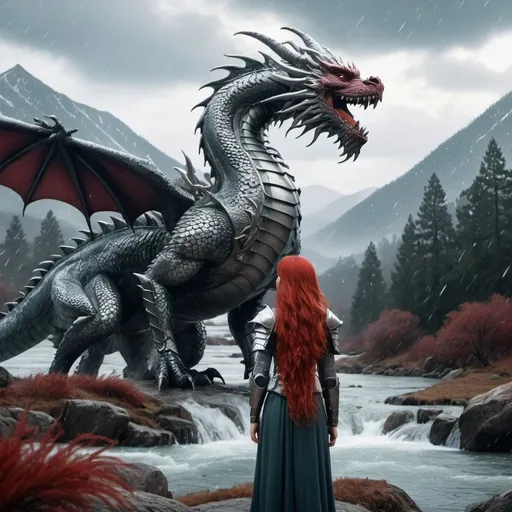 Prompt: A beautiful woman with long red hair standing next to a river looking at a large dragon on a mountain in the distance, Cold atmospher and Snowing, emotional, flowing water and lush pine trees in the foreground, Furry majestic dragon with  silver armour silhouetted against the cloudy sky, detailed textures, high quality, ultra-detailed, 4K.