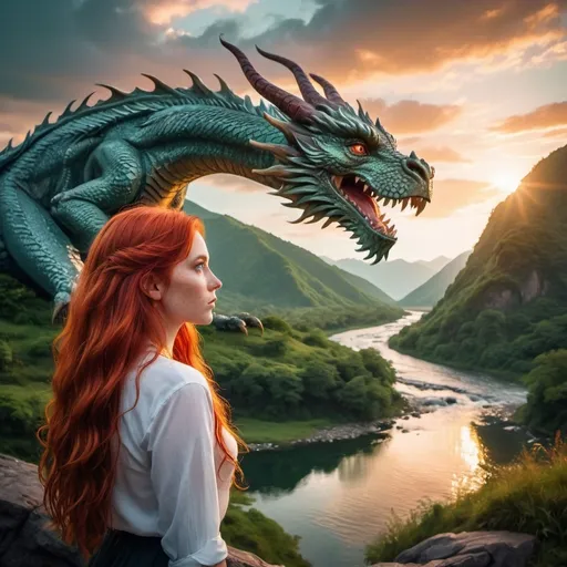 Prompt: A beautiful woman with long red hair standing next to a river looking at a large dragon on a mountain in the distance, vibrant and dramatic colors, warm golden hour lighting, emotional and awe-struck atmosphere, flowing water and lush greenery in the foreground, majestic dragon silhouetted against the sky, detailed textures, picturesque and serene background, high quality, ultra-detailed, 4K.