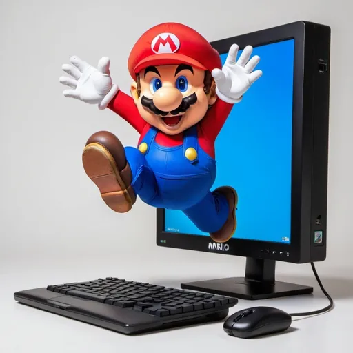 Prompt: Super Mario Jumping over a Computer

