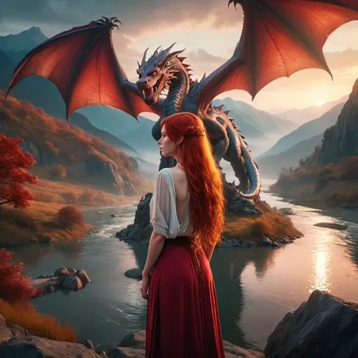 Prompt: A beautifull woman with long red hair standing next to a river looking at a large dragon that is standing on a mountain in the distance