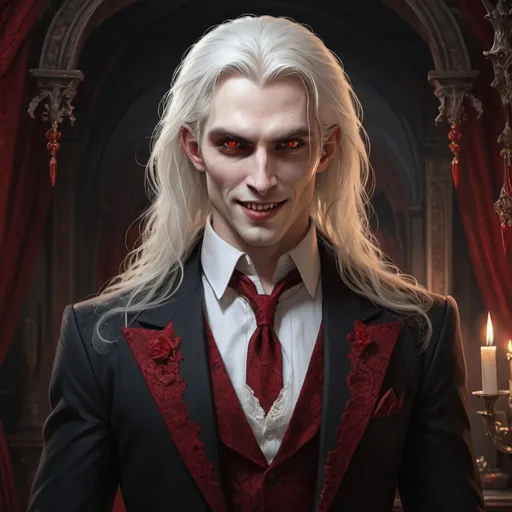 Prompt: male Vampire, white long hair, freckles, big red deep eyes, with slight grin showing a bit of razor-sharp fangs, intricate facial details, red lace and black suit, long legs, hot body line, elite, charming, precious and elegant, exceedingly fascinating, dark magical decorations background, digital art, realistic oil painting, intricate details, epic, detailed facial features, full body length view, front light, Dazzle haze,cgsociety 9
