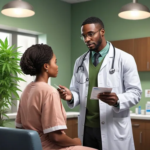 Prompt: black male doctor speaking with a healthy patient, clean welcoming medical environment, patients is wearing dress, focused and calm demeanor, high-quality, realistic, detailed, medical illustration, patient getting a prescription medical marijuana card, medical setting, caring for patients, clean and bright lighting, with lots of green plants, 
