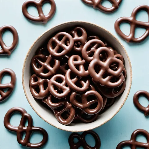 Prompt: magazine photograph of a bowl full of chocolate covered pretzels