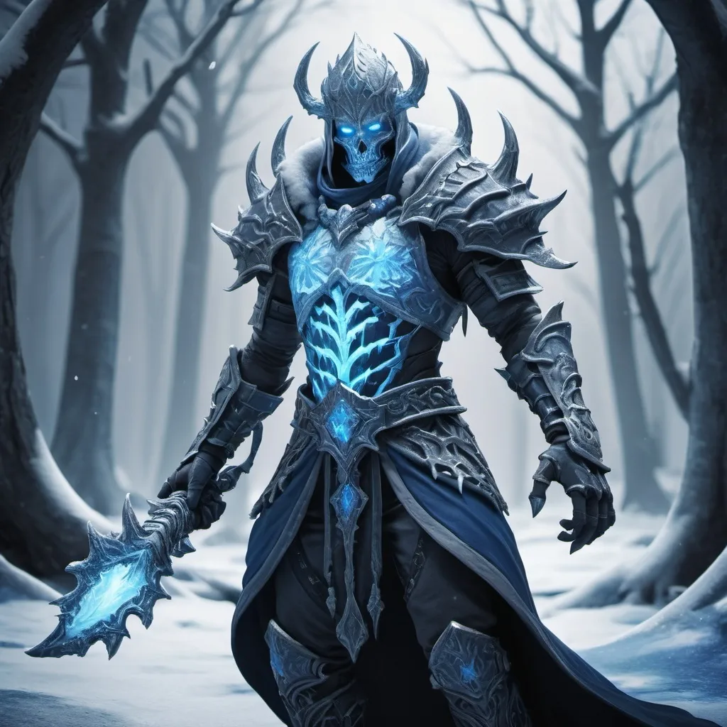 Prompt: Cryomancer from Dungeonborne, high fantasy, deep blue and icy white color tones, undead, dark and mysterious atmosphere, glowing blue frost magic, intricate ice-themed armor, detailed icy surroundings, winter landscape background with snow-covered trees and frosty air, cinematic lighting, dynamic action pose, powerful and enigmatic, high contrast shading, ultra-detailed, 4K rendering, dramatic highlights and shadows