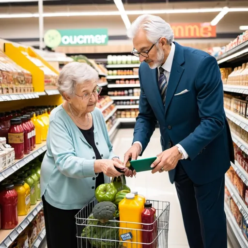 Prompt: grandma helping fancy business man choose product at a grocery store