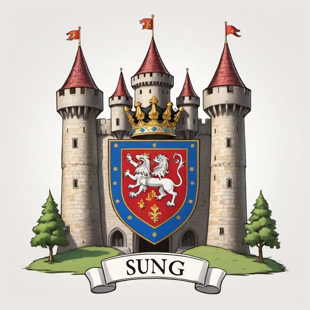 Prompt: cartoon, castle with a royal coat of arms, the word "Sung" is written below the royal coat of arms, white background